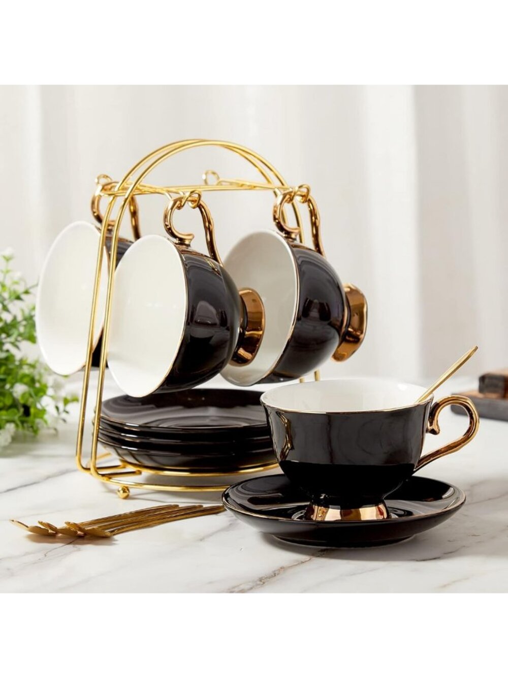 Luxury Tea Cup Set with Golden Trim - 4 Black Porcelain Cups & Saucers